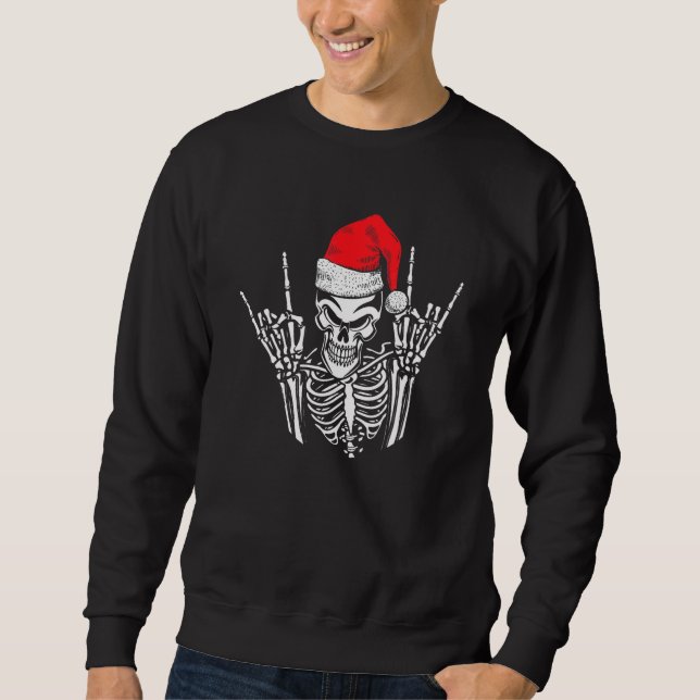 Moletom Skeleton Santa Hat Rock E Roll Hand Legal Christm (Frente)