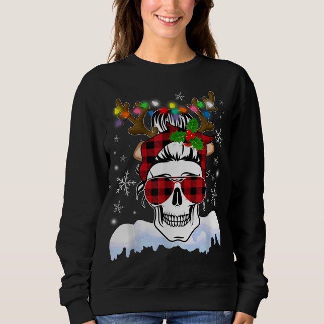 Moletom Skull Santa Hat Reindeer de Natal Luz Vermelha Buf (Frente)