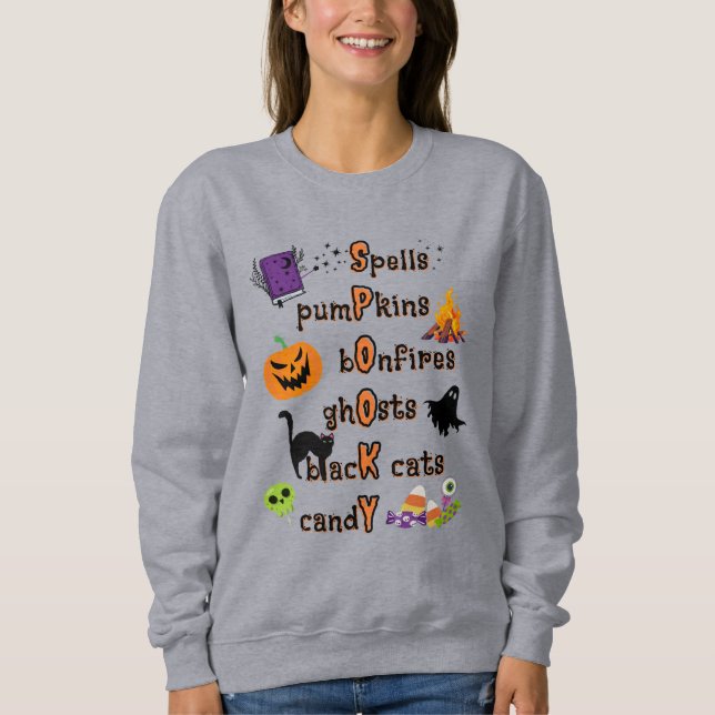 Moletom SPOOKY Spelling com todas as coisas Halloween (Frente)