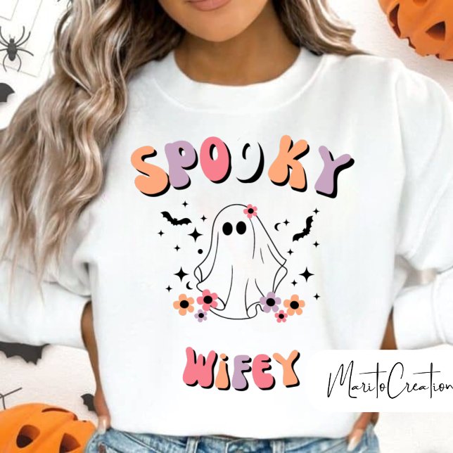 Moletom Spooky Wifey, Retro Floral Ghost, Halloween Wifey (Criador carregado)