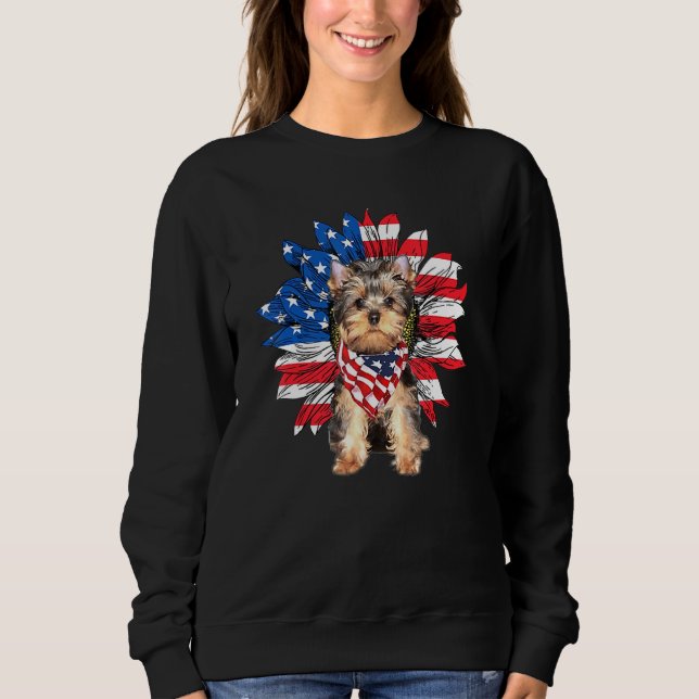 Moletom Sunflower Yorkshire Terrier Dog American Flag 4th (Frente)