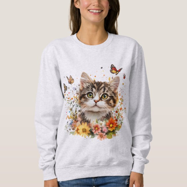 Moletom Sweatshirt com Adorável Gatinho com Flores (Frente)