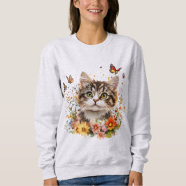 Moletom Sweatshirt com Kitten Adorável com Flores