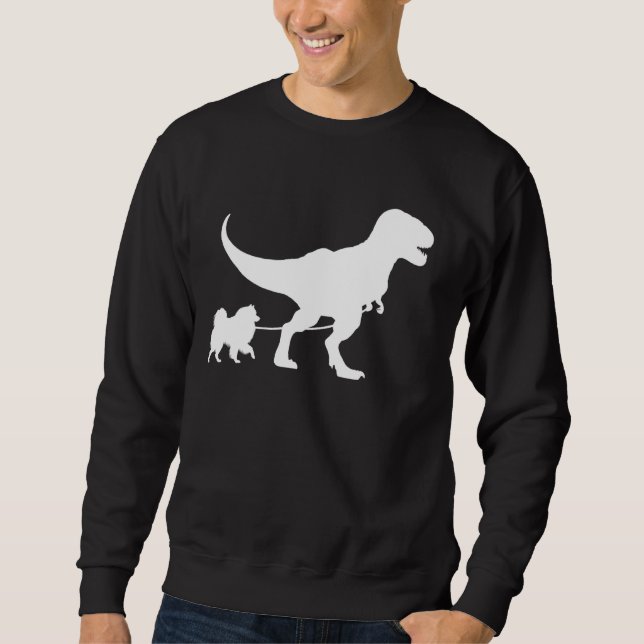 Moletom T-Rex Andando um Cachorro Engraçado Keeshond Pai C (Frente)