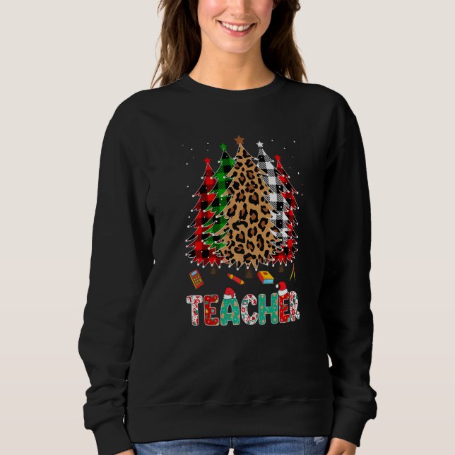 Moletom Teacher Leopard Red White Green Plaid Christmas Tr (Frente)