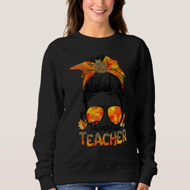 Moletom Thankful Teacher Leopard Messy Bun Autumn Thanksgi (Frente)