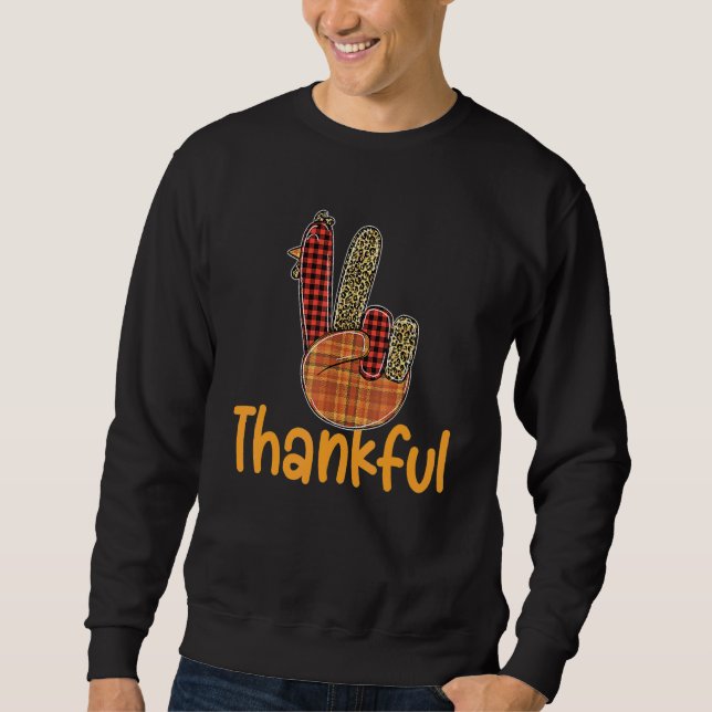 Moletom Thankful Turkey Hand Sign Peace Leopard Plaid Than (Frente)