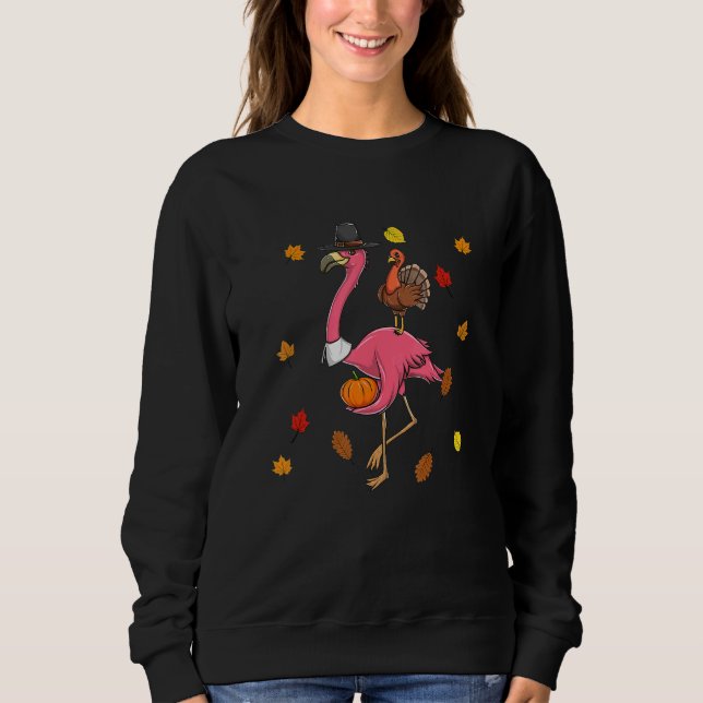 Moletom Thanksgiving Pilgrim Flamingo With Turkey Cute (Frente)