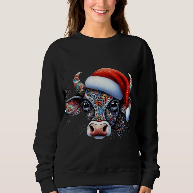 Moletom Touro de Vaca de Natal com Santa Hat Arte Foliar M (Frente)