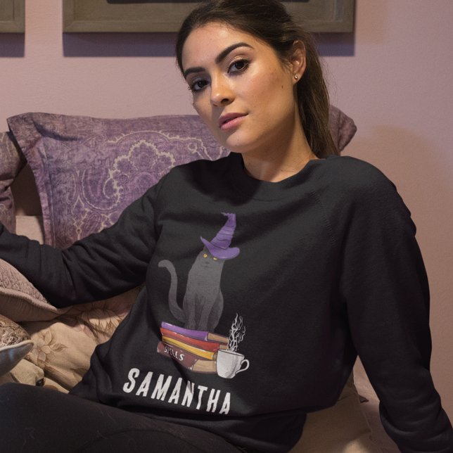 Moletom Trick ou Tratar as mulheres do Gato Negro Moderno  (Halloween Black Cat Womens Black Sweatshirt)