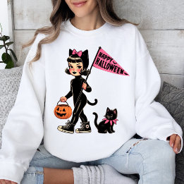 Moletom Trick ou Treine o Gatinho do Design Vintage Hallow