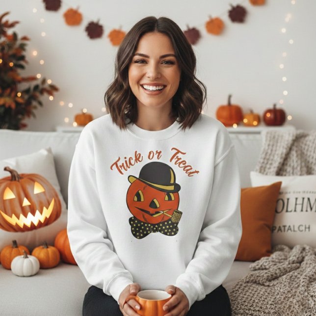 Moletom Truque ou Cara de Abóbora em Fôlego ou Tendência (Cute and Trendy Vintage Trick or Treat Pumpkin Guy Sweatshirt)