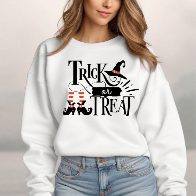 Moletom Truque ou Trate Bruxa Bonitinha do Halloween (Celebrate Halloween with our "Trick or Treat" sweatshirt, featuring a fun witch-themed design.)