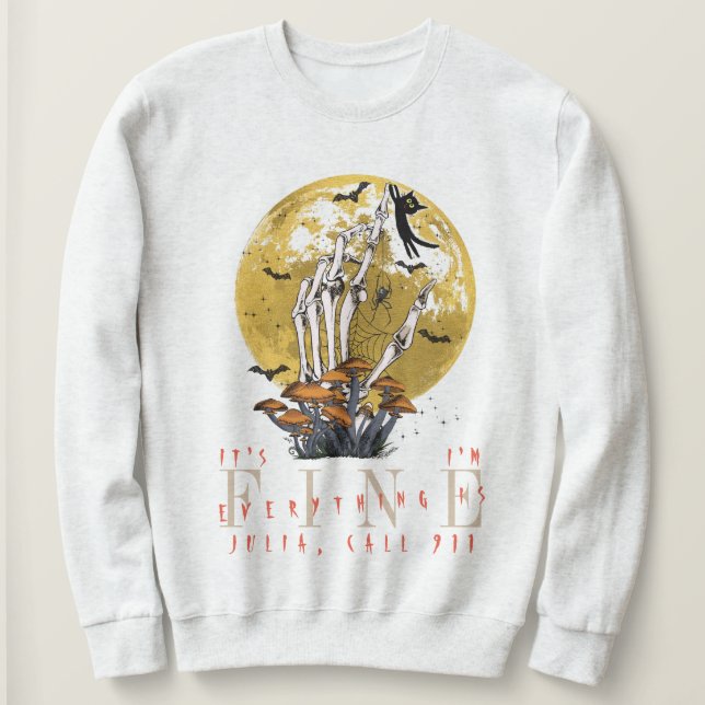 Moletom Tudo É Bom Halloween Skeleton Black Cat (Frente do Design)