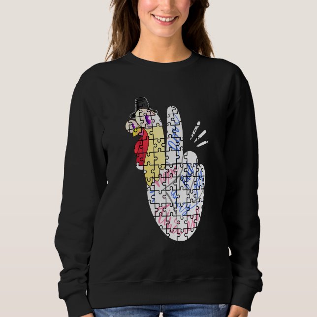 Moletom Turkey Peace Hand Sign Puzzle Autism Thanksgiving  (Frente)