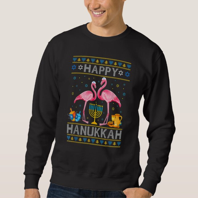 Moletom Ugly Hanukkah Sweater  Flamingo Menorah Dreidel (Frente)