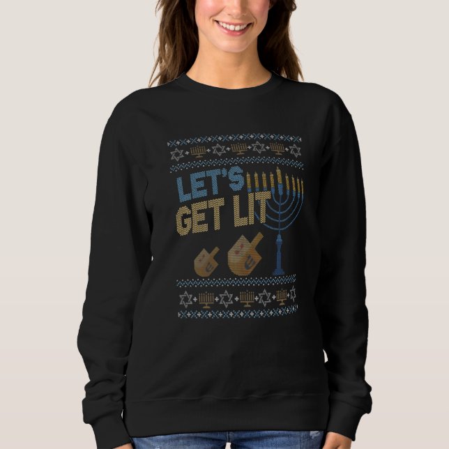 Moletom Ugly Hanukkah Sweater Lets Get Lit Menorah (Frente)