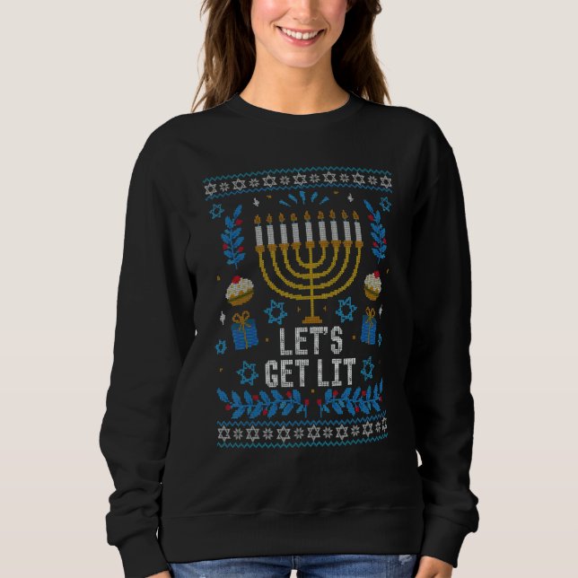 Moletom Ugly Hanukkah Sweater Lets Get Lit Menorah Men Wom (Frente)