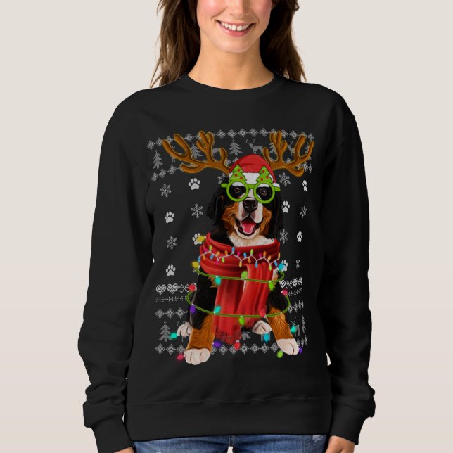 Moletom Ugly Sweater Christmas Lights Bernese Mountain Dog (Frente)