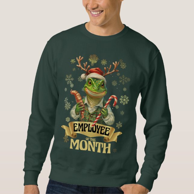 Moletom Ugly sweater Christmas lizard elf employee award (Frente)
