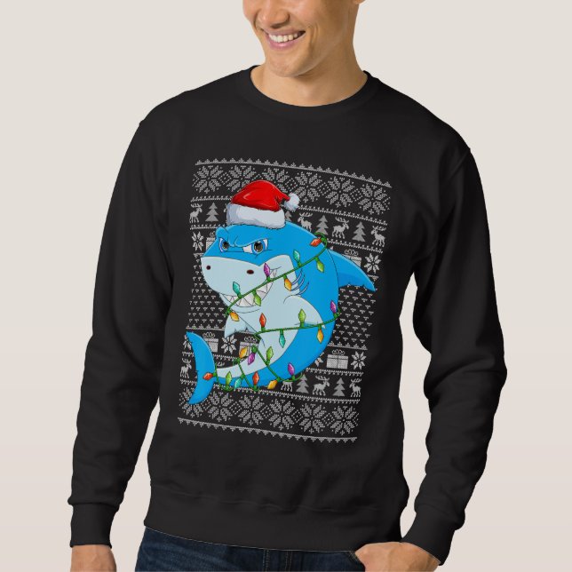 Moletom Ugly Sweater Style Xmas Lights Great White Shark C (Frente)