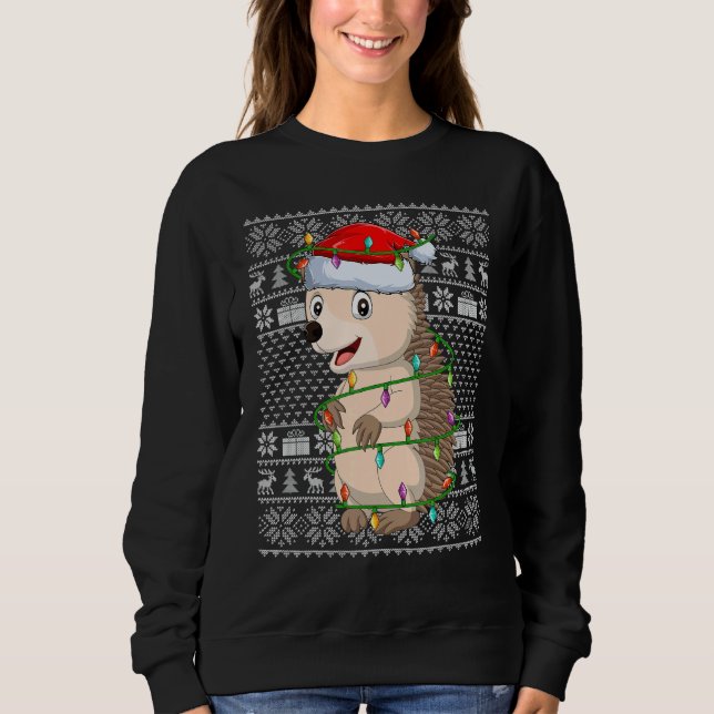 Moletom Ugly Sweater Style Xmas Lights Santa Hedgehog Chri (Frente)