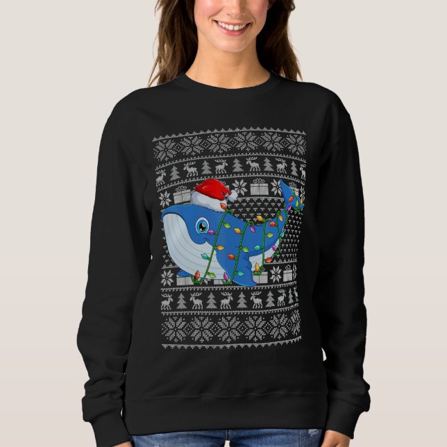 Moletom Ugly Sweater Style Xmas Lights Santa Whale Christm (Frente)
