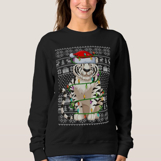 Moletom Ugly Sweater Style Xmas Lights Santa White Tiger C (Frente)