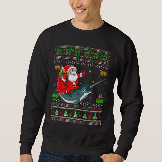 Moletom Ugly Xmas Santa Riding Narwhal Christmas (Frente)