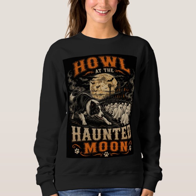 Moletom Uivar à Lua Assombrada Border Collie Halloween G (Frente)