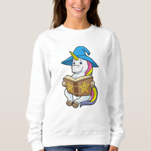 Moletom Unicorn como assistente com livro e chapéu