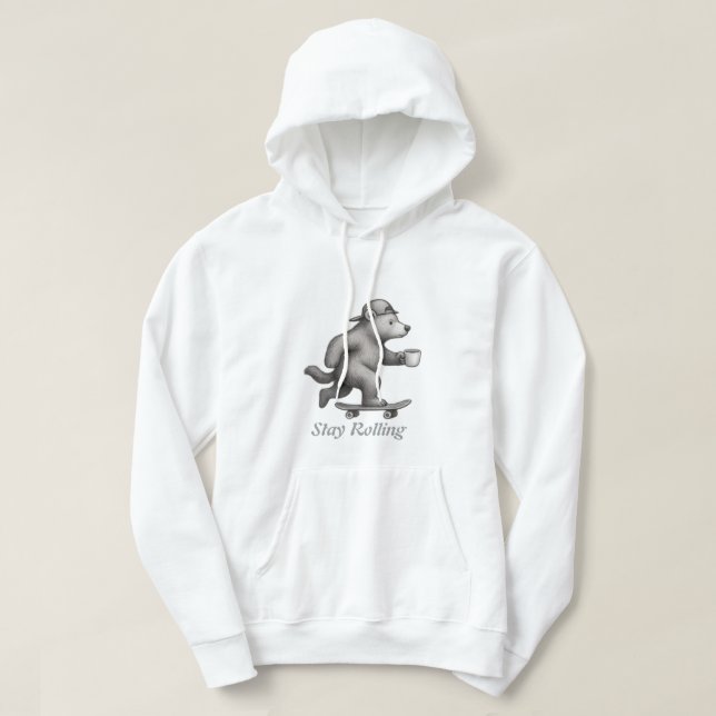 Moletom Urso de Skate Continua Rolando com Xícara de Café (Frente do Design)