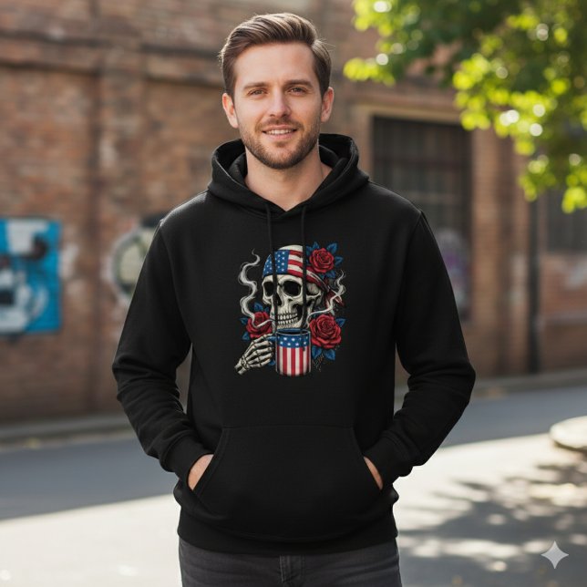 Moletom Us Flag Skull and Roses Coffee Hoodie Design (Criador carregado)