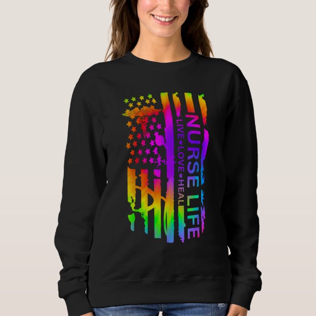 Moletom USA Flag Nurse life  Rainbow Colourful Men Women L (Frente)