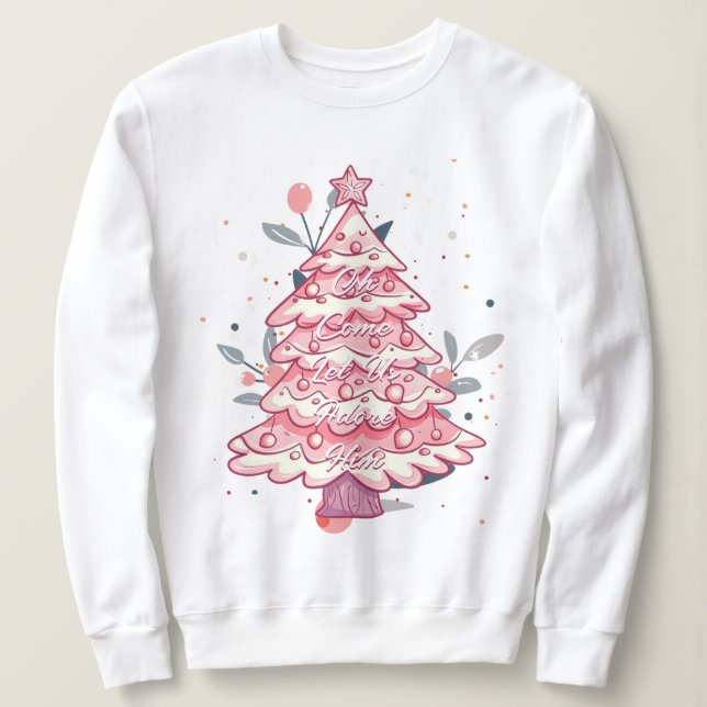 Moletom Venha, Vamos Adorá-Lo, Árvore De Natal Rosa (Frente do Design)