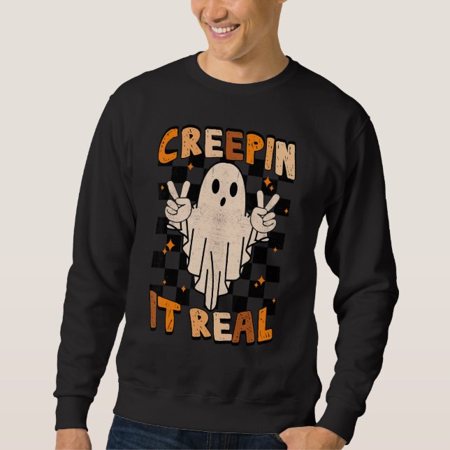 Moletom Vintage Retro Checkered Spooky Ghost  Halloween (Frente)