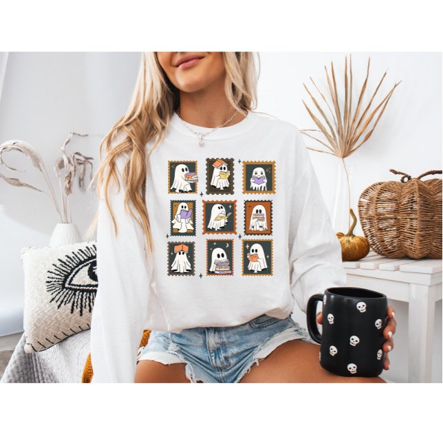 Moletom Vintage Stamp Halloween Fantasmas Lendo Livros (Criador carregado)