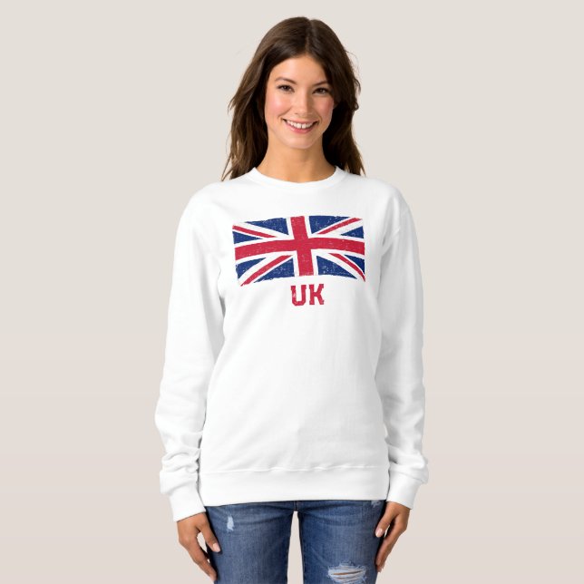 Moletom Vintage Union Jack Flag (Texto vermelho "UK") (Frente Completa)