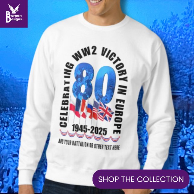 Moletom Vitória do 80 do Dia VE na Europa WW2 (Souvenir T-shirt to celebrate the 80th Anniversary of VE Victory in Europe Day w/ customizable text.)