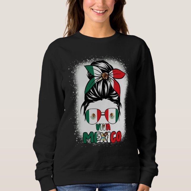Moletom Viva Mexico  Women Messy Bun Hair Mexican Flag Pri (Frente)