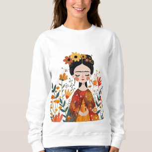 Moletom Watercolor Whimsical Frida Kahlo com Flores