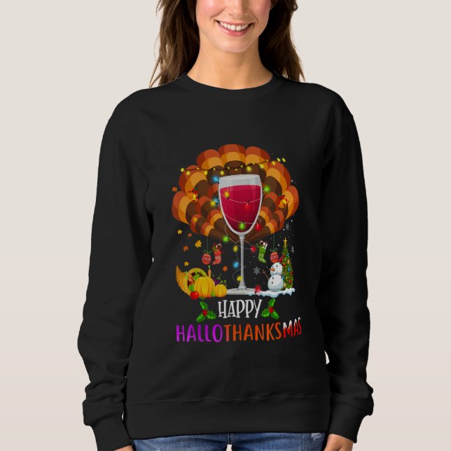 Moletom Wine Glass Thankgiving   Wine Happy Hallothanksmas (Frente)