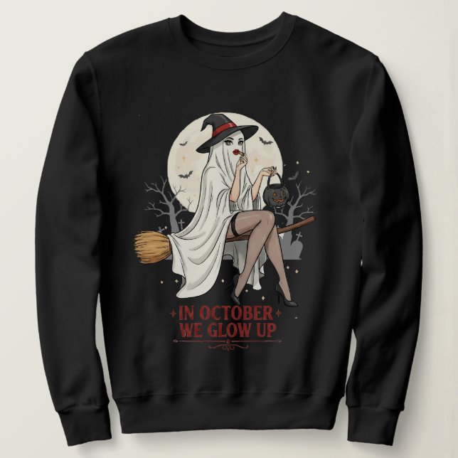 Moletom Witch Ghost Halloween Design – In October We Glow  (Frente do Design)