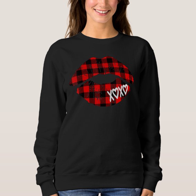 Moletom Womens Red Buffalo Plaid Lips  Valentine Day XOXO (Frente)