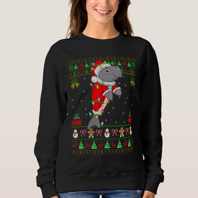Moletom Xmas Lights Ugly Sweater Style Santa Manatee Chris (Frente)