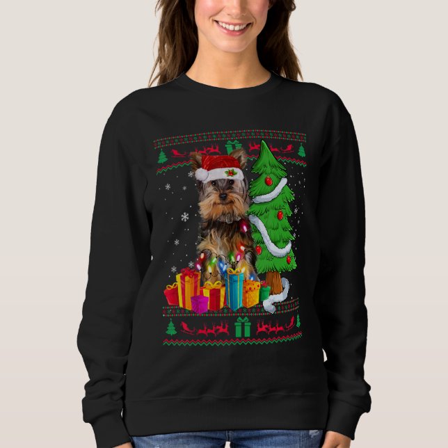Moletom Yorkie Christmas Sweater Yorkie Christmas Tree Lig (Frente)