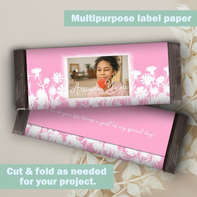 Molhador de Bar Brilhante Branco Rosa, Mitzvah Can (Pink, white botanical wild flowers bat mitzvah personalized chocolate bar wrapper DIY cheap budget)