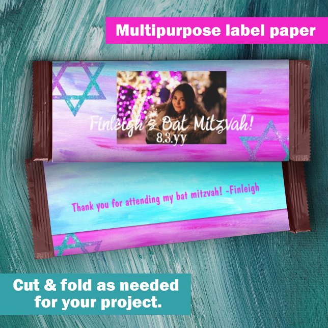 Molhador de Bar Mídia de Bat Mitzvah Candy para Or (Hot pink, violet, turquoise, cyan bat mitzvah personalized chocolate bar wrapper DIY cheap low cost)