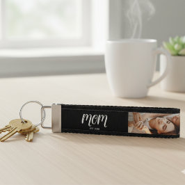 Mom Established Modern Script 3 Photo Wrist Keycha