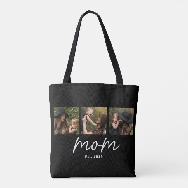 Mom Established Script Black 3 Photo Tote Bag (Verso)
